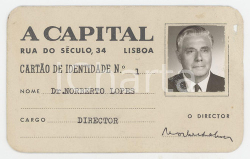 1968 LISBOA Norberto LOPES Director A CAPITAL - Tessera con autografo 10x6 cm Tessera d'epoca con firme autografe.  POOR/danneggiato Foro e abrasione all'angolo superiore destro Formato: 10x6 cm originale e autentica 1