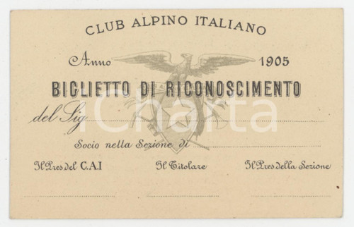 1905 CAI Club Alpino Italiano - Tessera 10x6 cm Tessera d'epoca.  FAIR/discreto Lievi smussature agli angoli Formato: 10x6 cm originale e autentica 1
