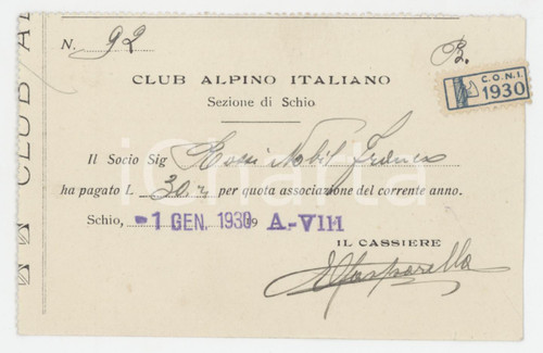1930 CAI Sezione di SCHIO Club Alpino Italiano - Ricevuta 11x7 cm Ricevuta d'epoca.  FAIR/discreto Lievi smussature agli angoli Formato: 11x7 cm originale e autentica 1