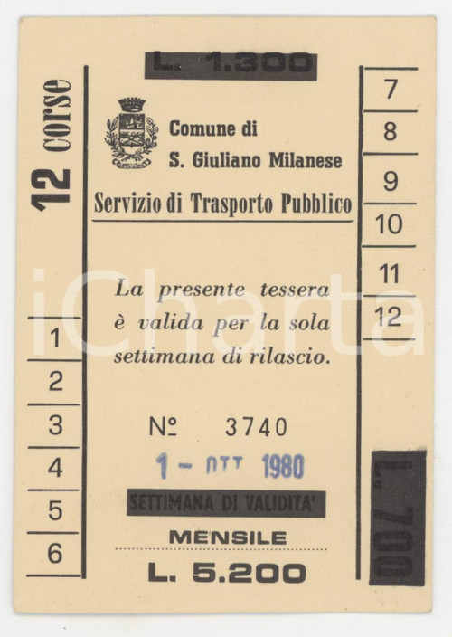 1980 SAN GIULIANO MILANESE Servizio di trasporto pubblico - Tessera settimanale