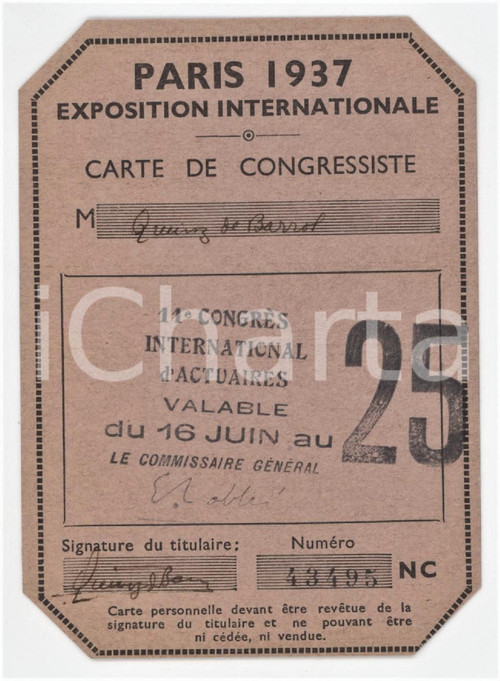 1937 PARIS Exposition Internationale - Carte de congressiste 7x10 cm