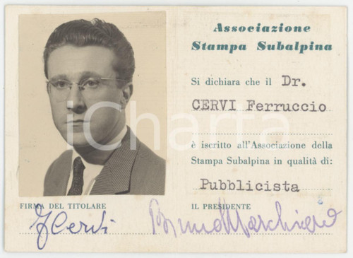 1967 TORINO Ass. Stampa Subalpina - Tessera di Ferruccio CERVI 5x7 cm