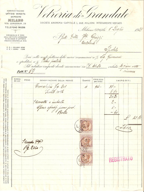 Documento originale, autentico 1928 MILANO Vetreria di GRANDATE Fattura commerciale 1