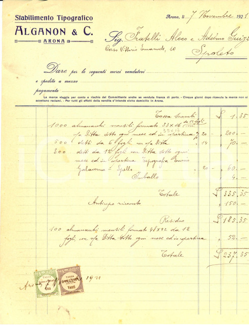 Documento originale, autentico 1921 ARONA Stabilimento Tipografico ALGANON & C. Fattura 1