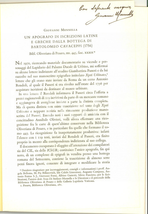 Libro, pubblicazione d epoca 1976 Giovanni MENNELLA Iscrizioni bottega CAVACEPPI 1