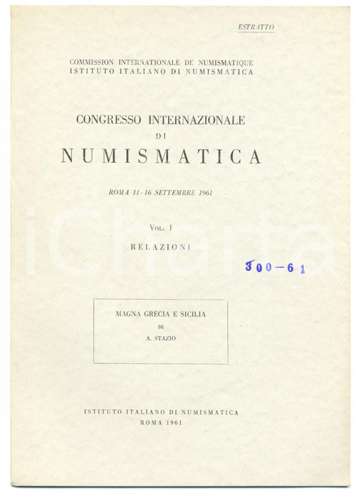 Libro, pubblicazione d epoca 1961 Attilio STAZIO Magna Grecia e Sicilia NUMISMATICA 1