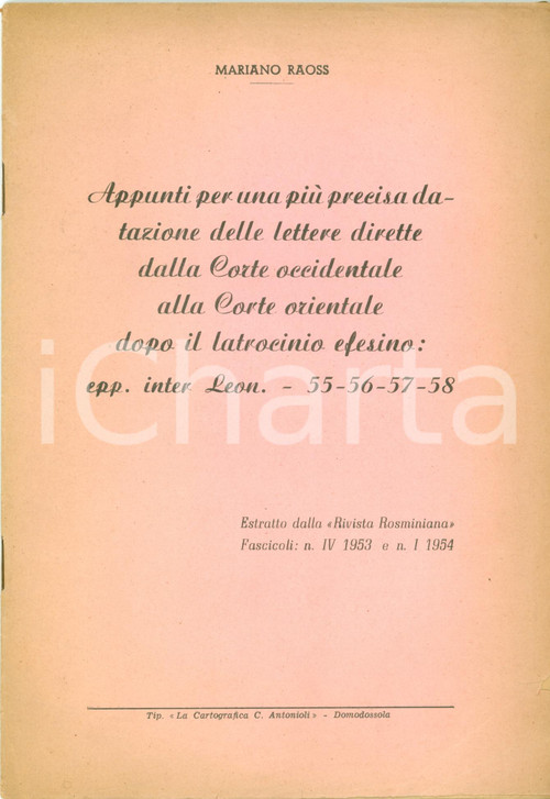 Libro, pubblicazione d epoca 1954 Mariano RAOSS Datazione lettere dopo latrocinio efesino Opuscolo 1