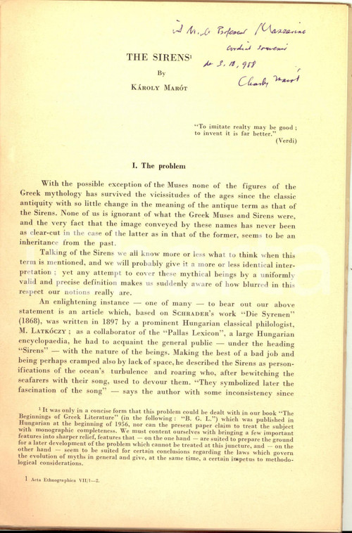 Libro, pubblicazione d epoca 1958 Karoly MAROT The Sirens Academia Scientiarum Hungaricae  Invio AUTOGRAFO 1
