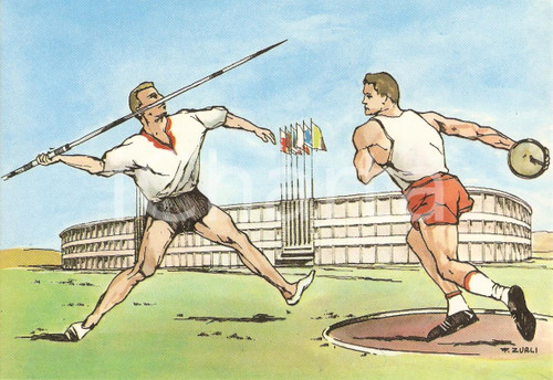 Cartolina originale da collezione 1960 ROMA XVII OLIMPIADE Giavellotto STADIO OLIMPICO Ill. ZURLI Cartolina 1 1