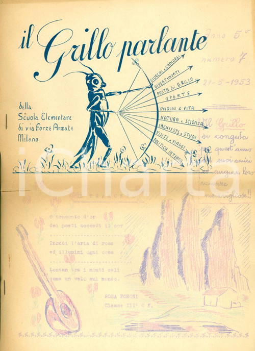 Giornale, rivista storica 1953 MILANO Grillo Parlante giornalino scuole elementari VIA FORZE ARMATE 1