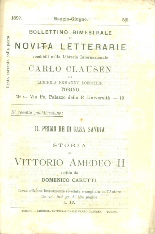 Libro, pubblicazione d epoca 1897 TORINO Catalogo Libreria Internazionale Carlo CLAUSEN NovitÃ  letterarie 1