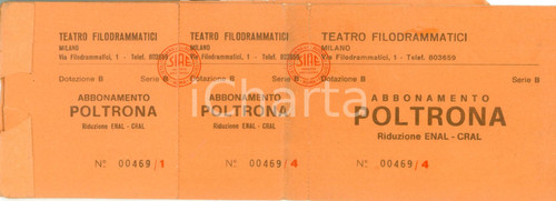 Oggetto da collezione cartaceo 1975 MILANO Concerti Teatro FILODRAMMATICI Abbonamento poltrona riduzione ENAL 1