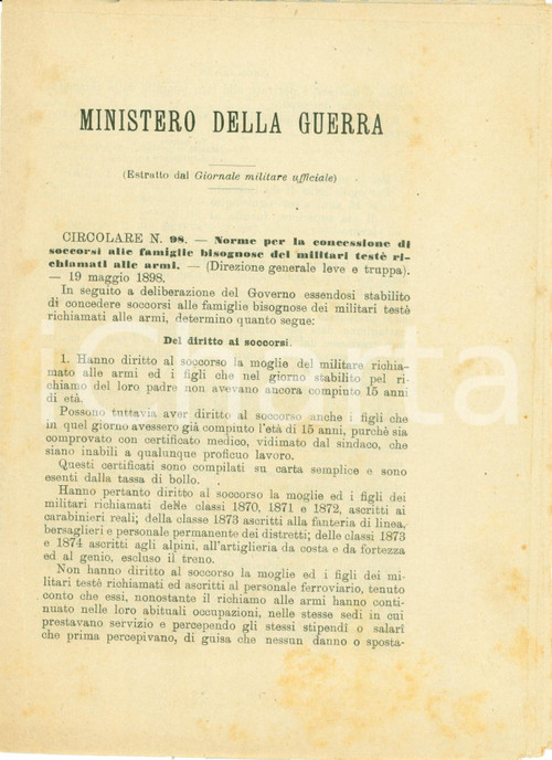 Documento originale, autentico 1898 MINISTERO GUERRA Concessione soccorsi a famiglie militari richiamati 1