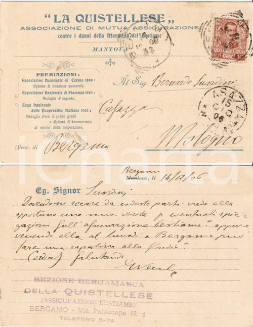 Documento originale, autentico 1906 BERGAMO Assicurazione LA QUISTELLESE contro mortalitÃ  bestiame FP VG 1