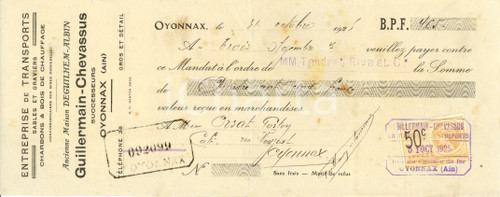 Oggetto da collezione cartaceo 1925 OYONNAX F Impresa trasporti GUILLERMAINCHEVASSUS Cambiale pubblicitaria 1