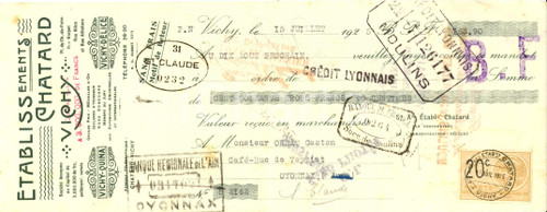 Oggetto da collezione cartaceo 1925 VICHY F Etablissements CHATARD sociÃ©tÃ© anonime Cambiale pubblicitaria 1