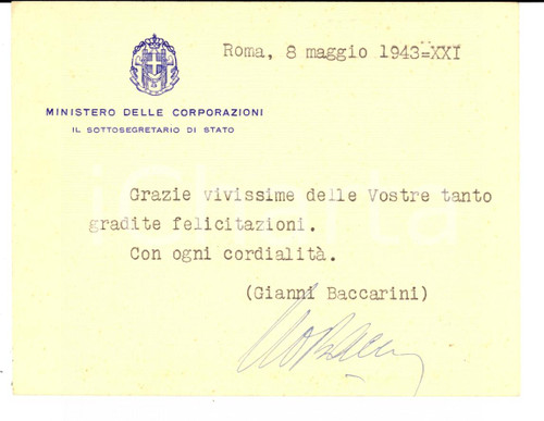 Autografo originale 1943 ROMA Biglietto Gianni BACCARINI Ministero delle Corporazioni AUTOGRAFO 1