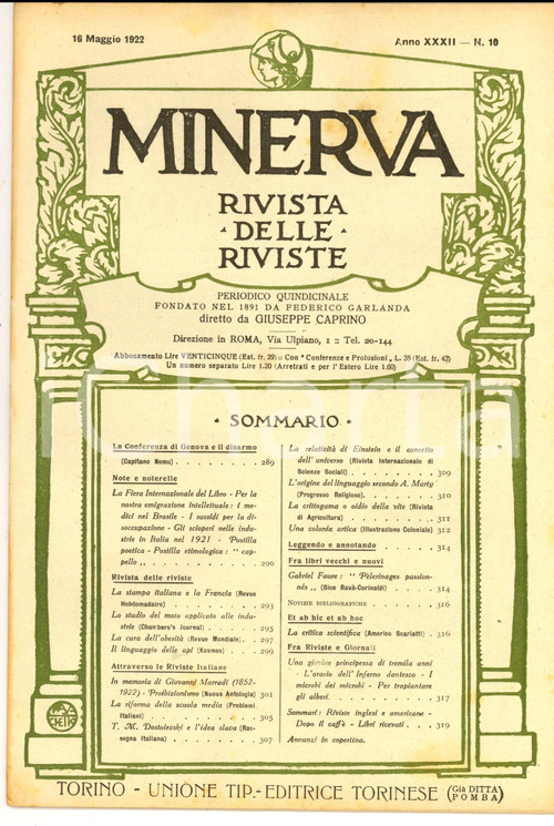 Giornale, rivista storica 1922 MINERVA Rivista delle Riviste  La conferenza di Genova e il disarmo nÂ°10 1