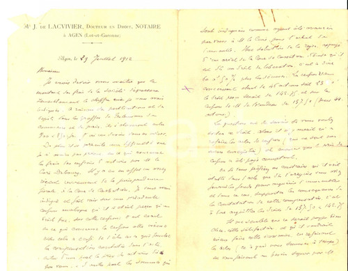 Manoscritto, lettera originale 1912 AGEN F Lettre Joseph de LACVIVIER magistrat et notaire AUTOGRAPHE 1