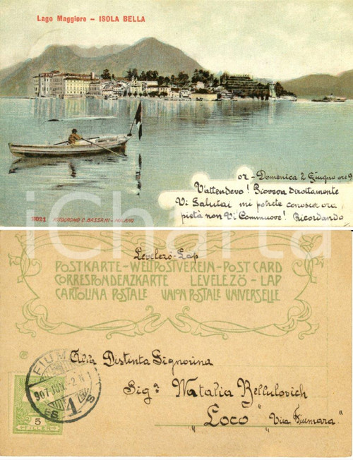 Cartolina originale da collezione 1907 ISOLA BELLA VB Veduta del Lago Maggiore Cartolina a Natalia BELLULOVICH 1