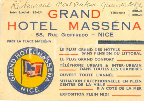 Materiale pubblicitario d’epoca 1950 ca NICE F Grand Hotel MASSENA Cartoncino con mappa 1