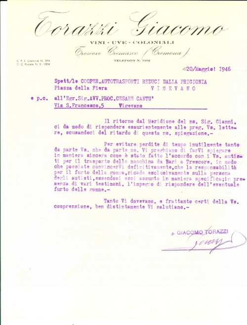 Documento originale, autentico 1946 TRESCORE CREMASCO Giacomo TORAZZI vini  Furto delle gomme di un camion 1