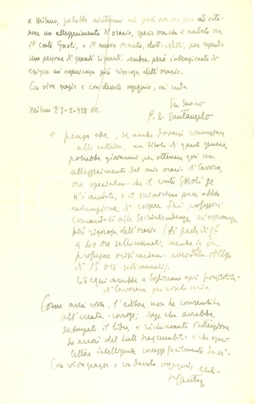 Autografo originale 1938 MILANO Paolo Ettore SANTANGELO si informa su una cattedra a PALERMO 1