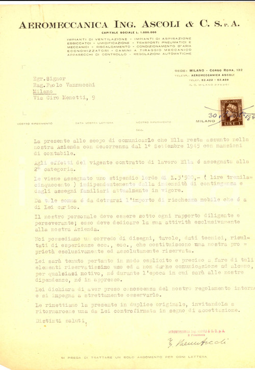 Documento originale, autentico 1945 MILANO Aeromeccanica ing. ASCOLI Assunzione Paolo VANNUCCHI contabile 1