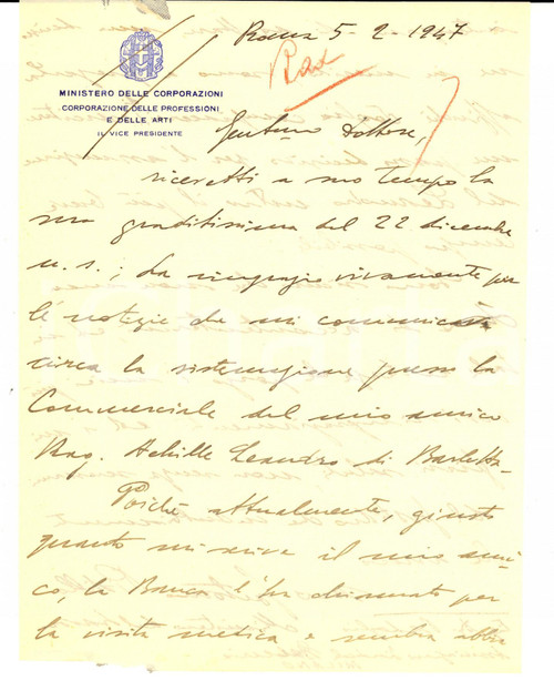 Autografo originale 1947 ROMA Gaetano PISTILLO raccomanda l amico Achille LEANDRO Autografo 1