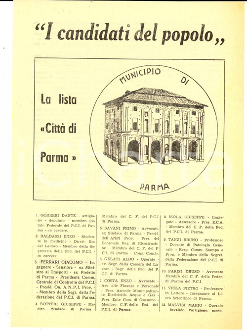 Materiale pubblicitario d’epoca 1951 PARMA Elezioni comunali  Candidati lista CITTA  DI PARMA Volantino 1