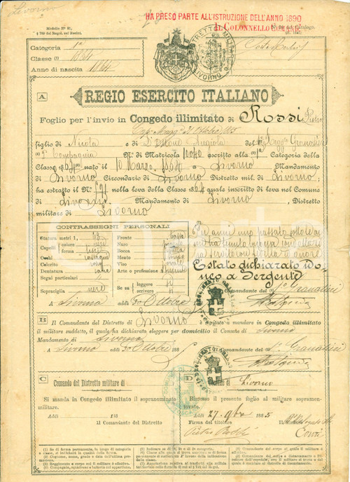 Documento originale, autentico 1885 LIVORNO 1Â° REGGIMENTO GRANATIERI Sergente Pietro ROSSI congedo illimitato 1