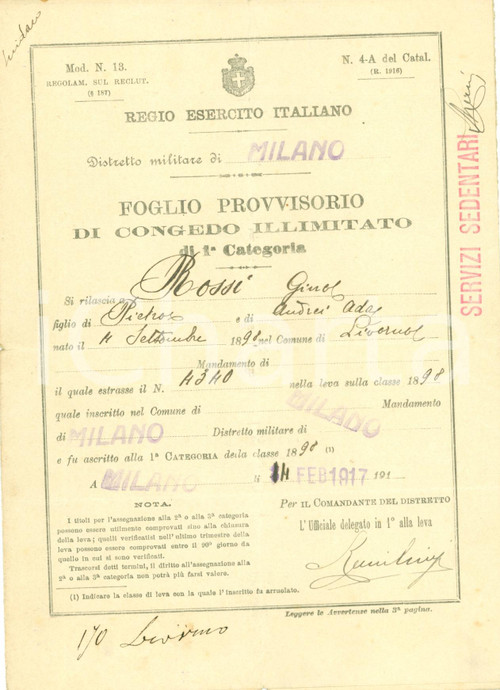 Documento originale, autentico 1917 LIVORNO WWI Congedo illimitato Gino ROSSI Servizi Sedentari Documento 1