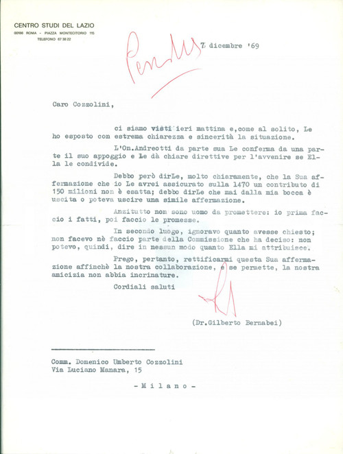 Autografo originale 1969 ROMA DC Gilberto BERNABEI prima fa i fatti poi le promesse AUTOGRAFO 1