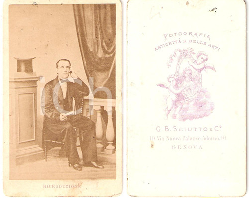 Fotografia d epoca originale 1870 ca GENOVA Ritratto di gentiluomo con cilindro Fotografia SCIUTTO 1