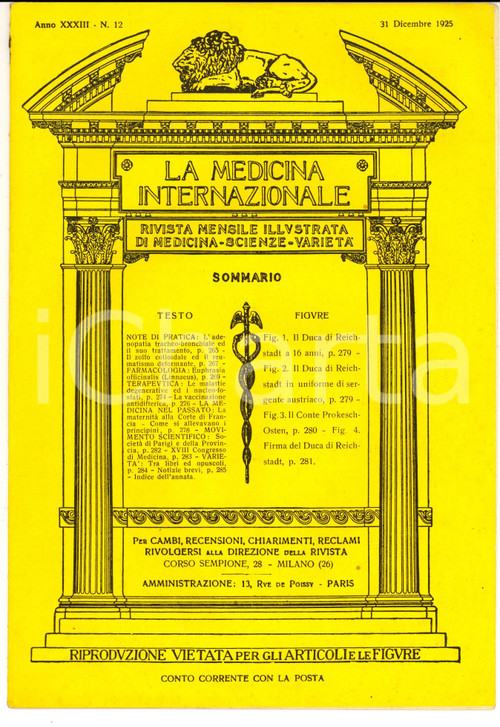 Giornale, rivista storica 1925 MILANO La medicina internazionale Rivista farmaceutica ROBIN Anno XXXIII 1