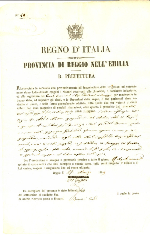 1869 CORREGGIO Lavori su mulino CAPRI per OPERA PIA ARTI di MODENA *Documento