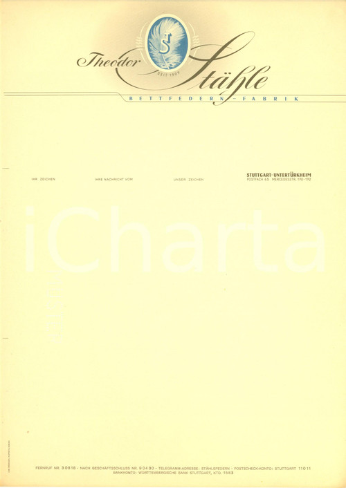 1950 ca STUTTGART-UNTERTURKHEIM (D) Theodor STAHLE bettfedern-fabrik *Intestata