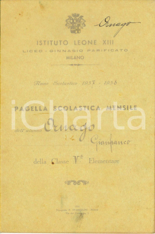 1938 MILANO Liceo-ginnasio parificato LEONE XIII Pagella di Gianfranco ORNAGO