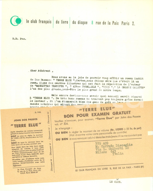1958 PARIS Le Club Français du Livre du Disque propone Terre élue di DOS PASSOS