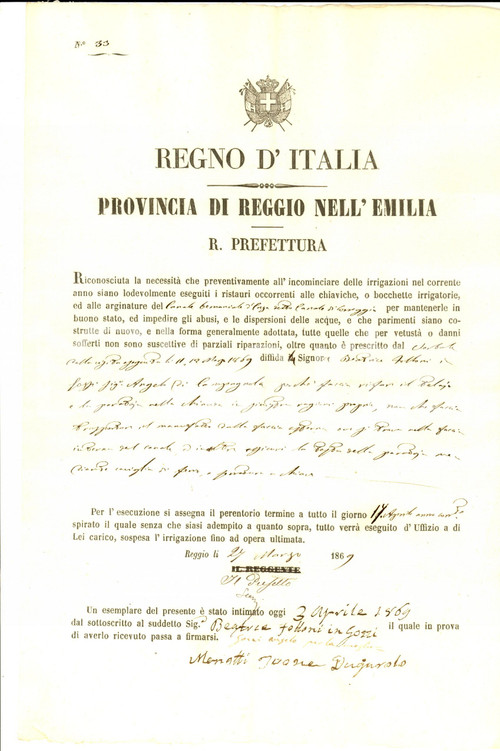 1869 CORREGGIO (RE) Beatrice FATTORI ricostruisce telaio e paratoia *Documento