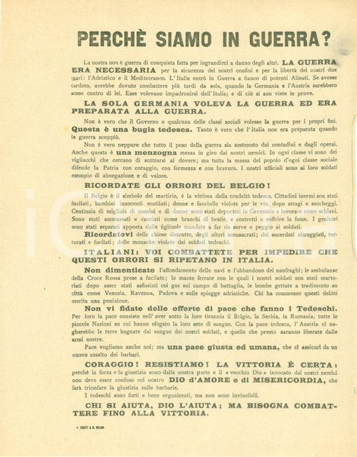 1915 PROPAGANDA WW1 Italia in guerra per evitare gli orrori del BELGIO Volantino