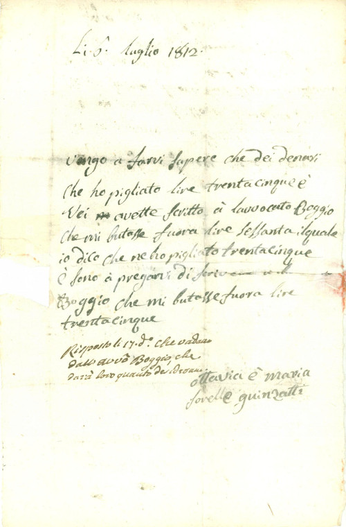 1812 TORINO Sorelle Ottavia e Maria GUINZATTI vogliono soldi da avvocato BOGGIO