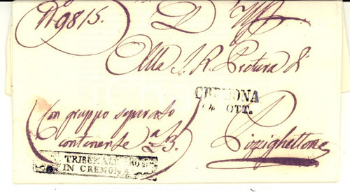 1850 Lettera prefilatelica CREMONA per PIZZIGHETTONE *Timbri lineari