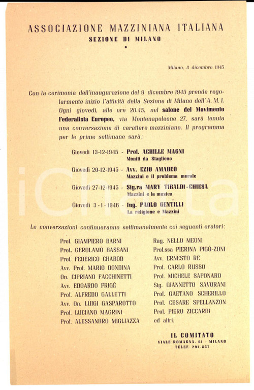1946 ASSOCIAZIONE MAZZINIANA MILANO Programma conversazioni mazziniane