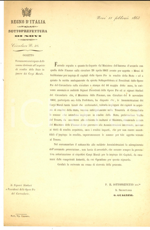 1863 NOVI LIGURE Versamento per acquisto rendite dello Stato pro Corpi Morali