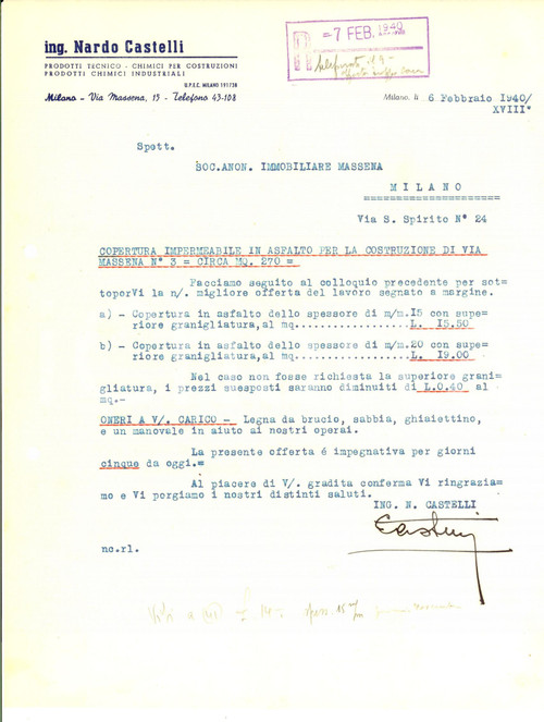 1940 MILANO Ing. Nardo CASTELLI Prodotti chimici *Preventivo copertura