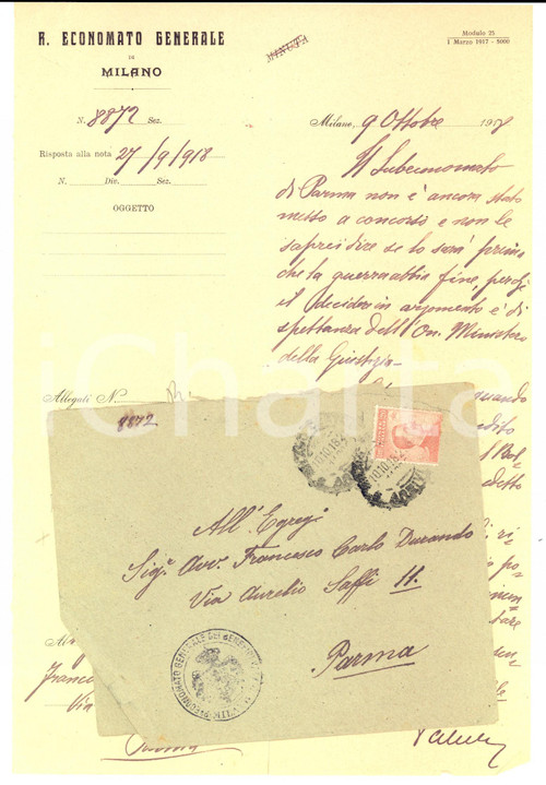 1918 MILANO Avv. Francesco  DURANDO aspirante al subeconomato di Parma *Lettera