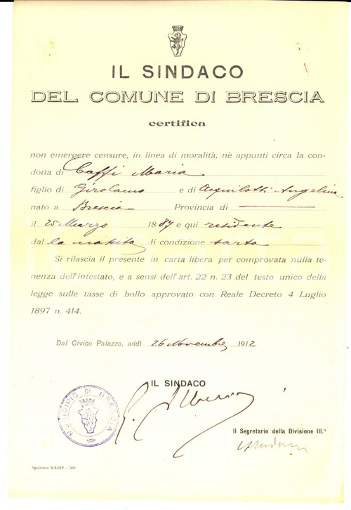 1912 COMUNE DI BRESCIA Certificato di moralità e buona condotta di Maria CAFFI
