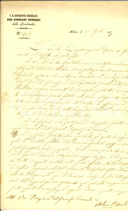 1857 MILANO GINNASI LICEALI Lettera sulla nomina dei consiglieri scolastici