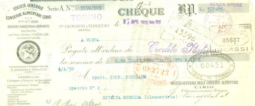 1930 SAN GIOVANNI A TEDUCCIO Conserva alimentari CIRIO *Assegno pubblicitario